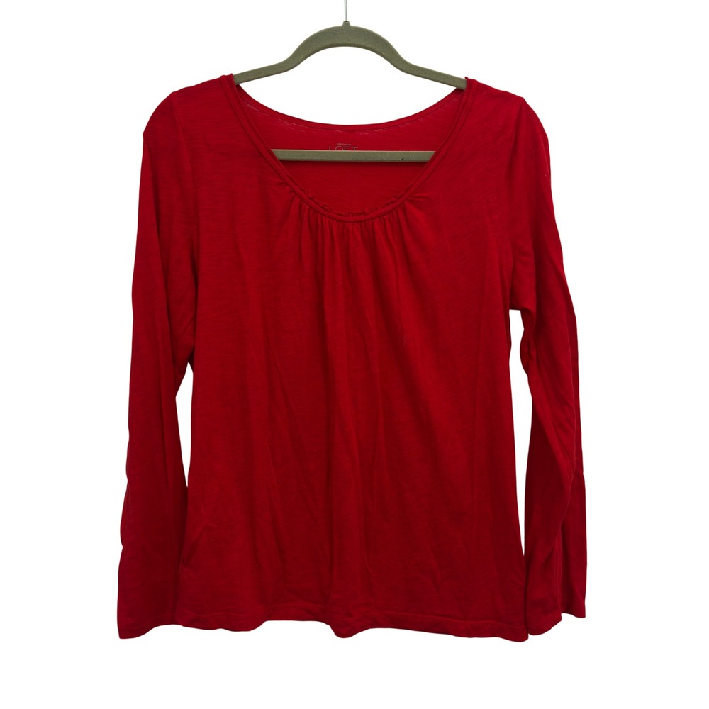 Ann Taylor LOFT Top Long Sleeve Red Cotton Modal Slub Knit Pleated Scoop Neck L